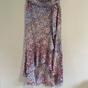 Halston Faux Wrap Ruffle Boho Patchwork Skirt Burgandy Blue Micro Floral  M